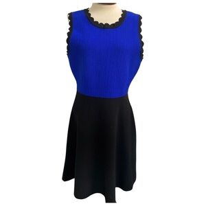 Milly Scalloped Fit & Flare Blue Color Block Sleeveless Sweater Dress Size Large